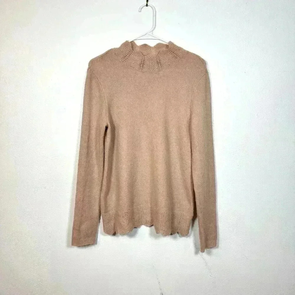 Liz Claiborne Career Sweater Medium Pastel Pink Crochet Mock Neck Scallop‎ Knit